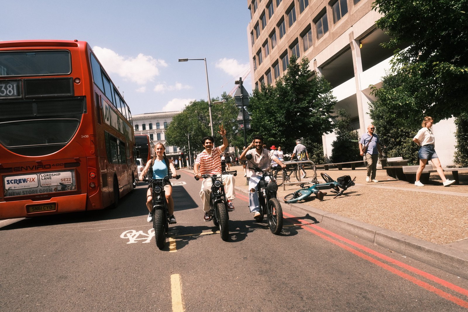 Tourists riding super73 e bike in London by FOF Bike Tours