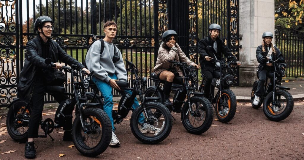 Riders enjoying the best bike tours in London with FOF Bike Tours on stylish Super73 e-bikes.