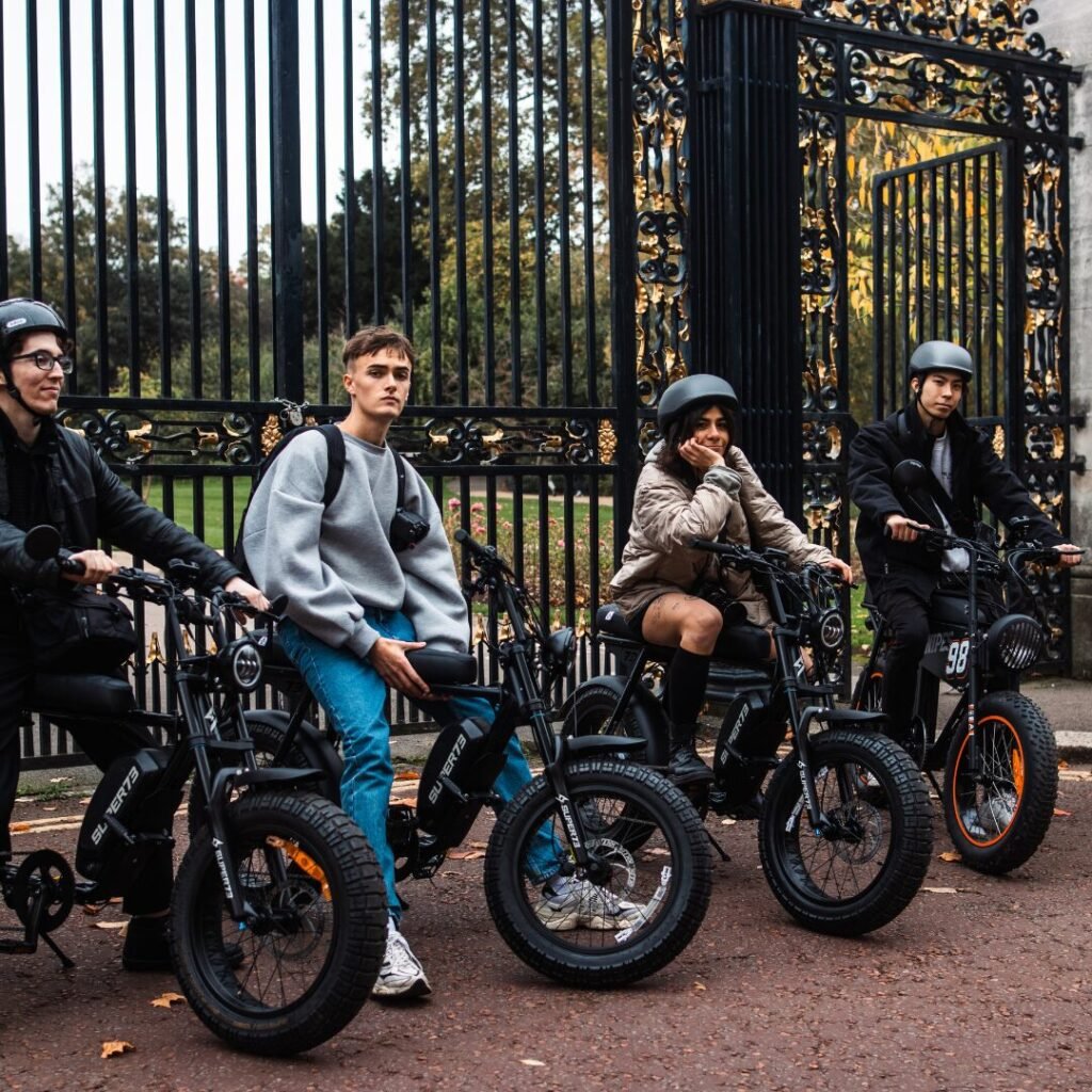 Small group enjoying a guided e-bike tour of London