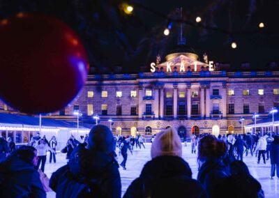 Somerset House illuminated for Christmas during the Dickens Christmas London e-bike tour.